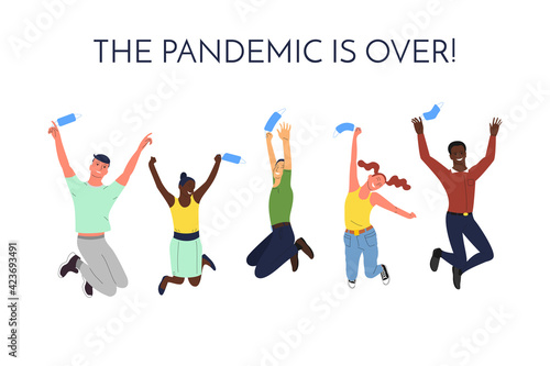Crowd of young happy smiling multinational diverse people in jumping poses throwing up face masks. With text. Quarantine and pandemic of covid 19 is over. Back to normal. Isolated on white, vector