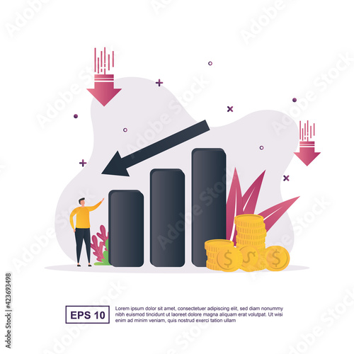 Illustration Concept of cost reduction with a decreasing graph and less money.