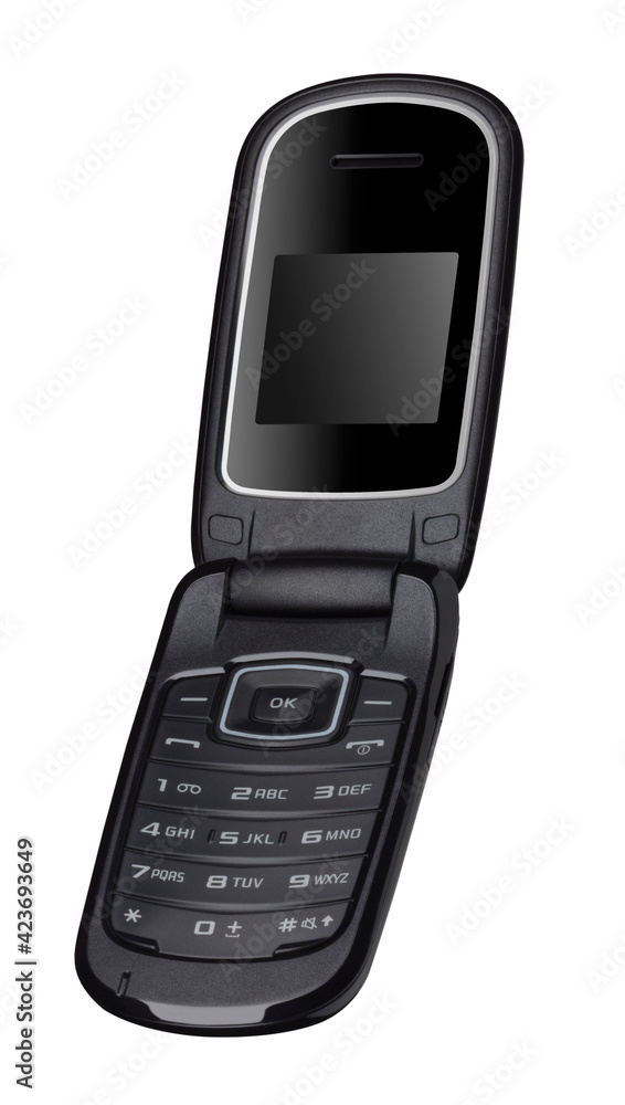 telefono celular negro con tapa abierta sobre fondo blanco. black cell phone with open cover on white background. telefono celular negro con tapa abierta sobre fondo blanco. black cell phone with open cover on white background.