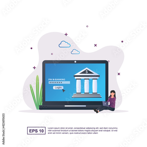 Illustration Concept of online banking with a person sitting.