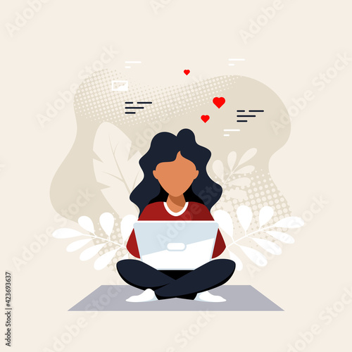 Young black woman working on laptop, flat design vector