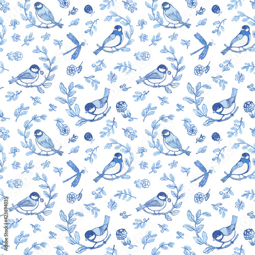 Seamless pattern in blue toile de jouy style with titmouse birds on a branch (also called Great tit, Parus major) Texture for wallpaper, wrapping gift, fashion fabric. Watercolor illustration isolated photo