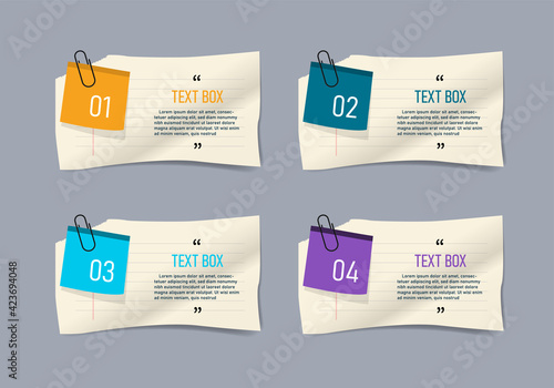 Text box design with note papers infographic.	
