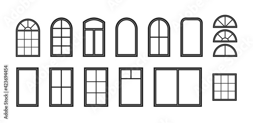 Window frame. Silhouette of window. Outline icon of house, building and facade. Black decorative arch and frame for office, architecture. Closed balcony in wall. Editable exterior isolated. Vector