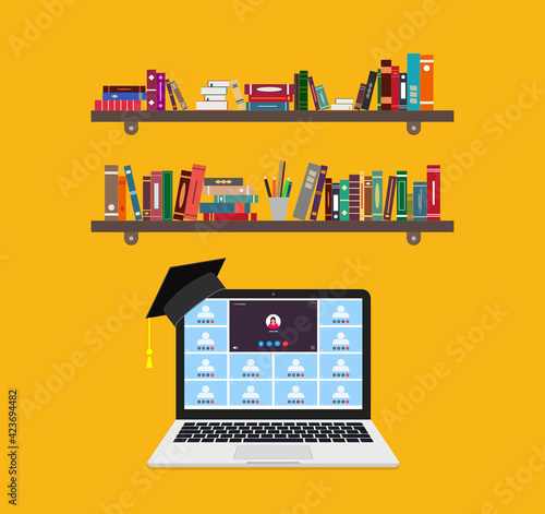 Online education on laptop. Learning of class in teleconference or webinar. Remote education in college. Book, online chat for student in lockdown. Seminar, course of teacher. Distance study. Vector.
