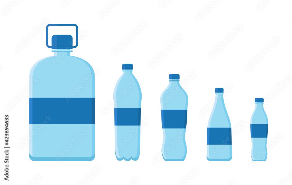Plastic bottle for water. Plastic container with cap. Gallon of mineral water. Big and small bottle for liquid, aqua, drink. Empty clear set of container for beverage. Different packaging. Vector Plastic bottle for water. Plastic container with cap. Gallon of mineral water. Big and small bottle for liquid, aqua, drink. Empty clear set of container for beverage. Different packaging. Vector