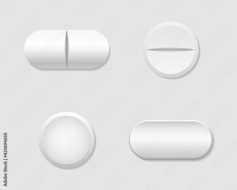 Pill and capsule. White round tablet. Realistic medicine for healthy. Pill of aspirin. Drug and vitamin isolated on white background. Pharmacy capsule of antibiotic, painkiller. Medical icon. Vector. - obrazy, fototapety, plakaty 