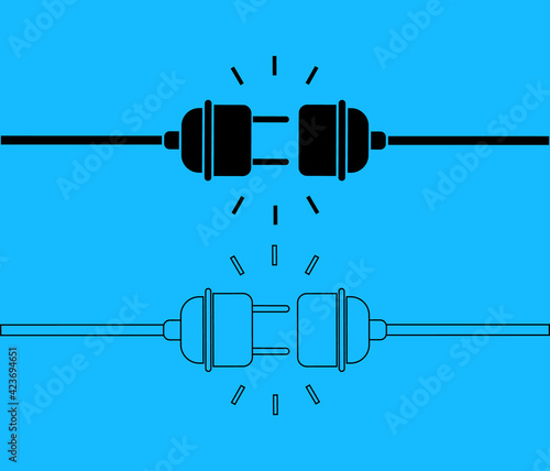 404 error. Electric disconnect. Plug with socket. Icon of connect and disconnect of plug with socket. Power of electric cable and line. Failure in network. Symbol of unplugged energy or cord. Vector