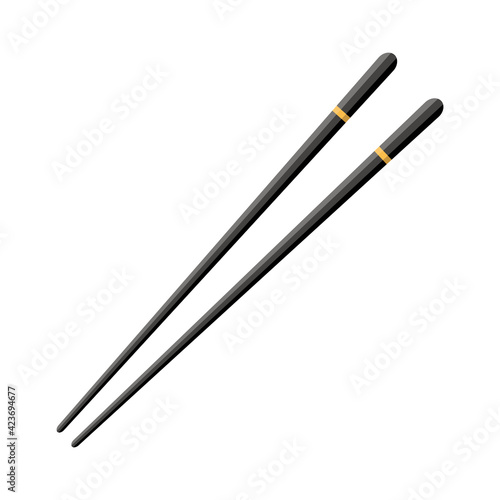 Chopstick for chinese sushi, japan hashi. Wooden black chop stick with yellow strip isolated on white background. Japanese, asian cuisine in restaurant. Bamboo stick for fish, noodle. Vector