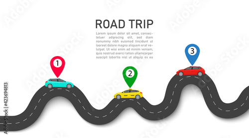 Road trip. Map with car and pin location. Roadmap for journey. Infographic for taxi, race. Curve of highway for traffic or delivery. Icon for transport, travel, guidance. Graphic road path. Vector.
