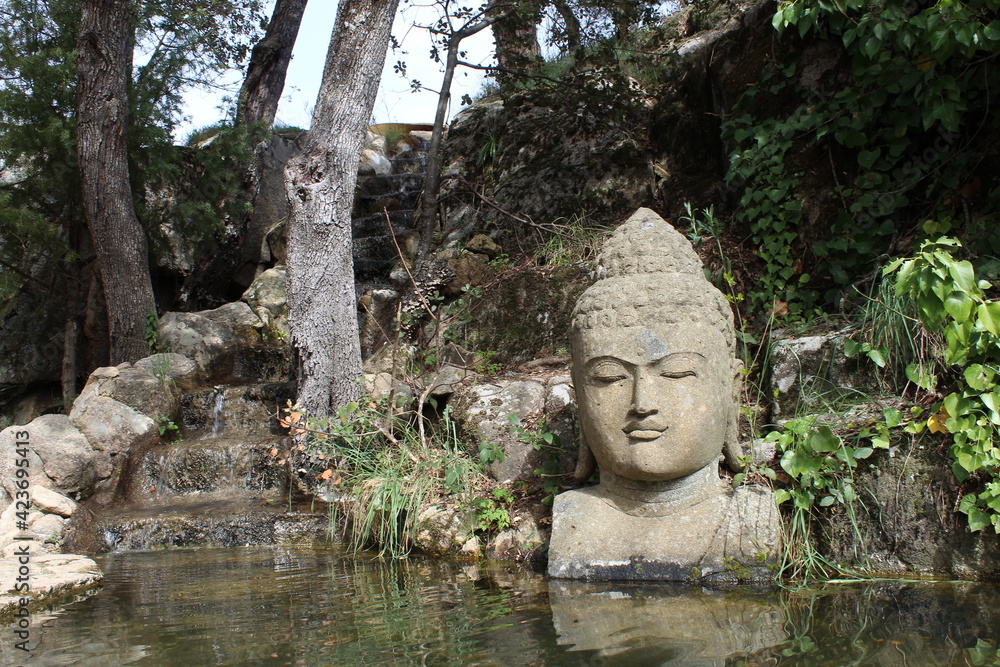 estatua de buda en pequeño lago y catarata