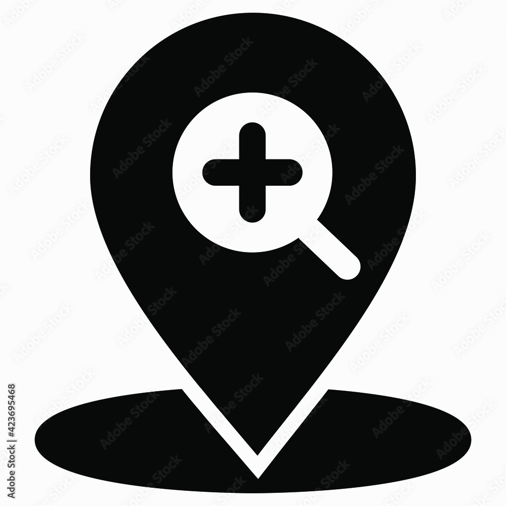 Finding a location. Magnifier icon and location. Zoom in. Vector icon. Finding a location. Magnifier icon and location. Zoom in. Vector icon.