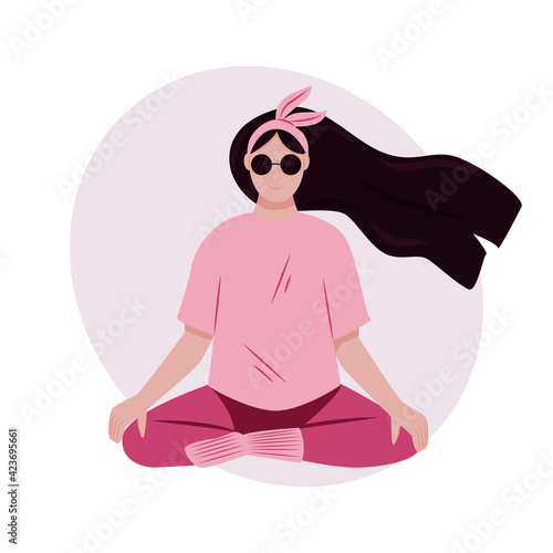 Woman meditating vector flat cartoon illustration. Healthy, active, and calm lifestyle, relaxing.