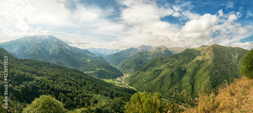 Aerial view of the mountains of the Caucasus. Karachay - Cherkessia, Russia, September 2019.