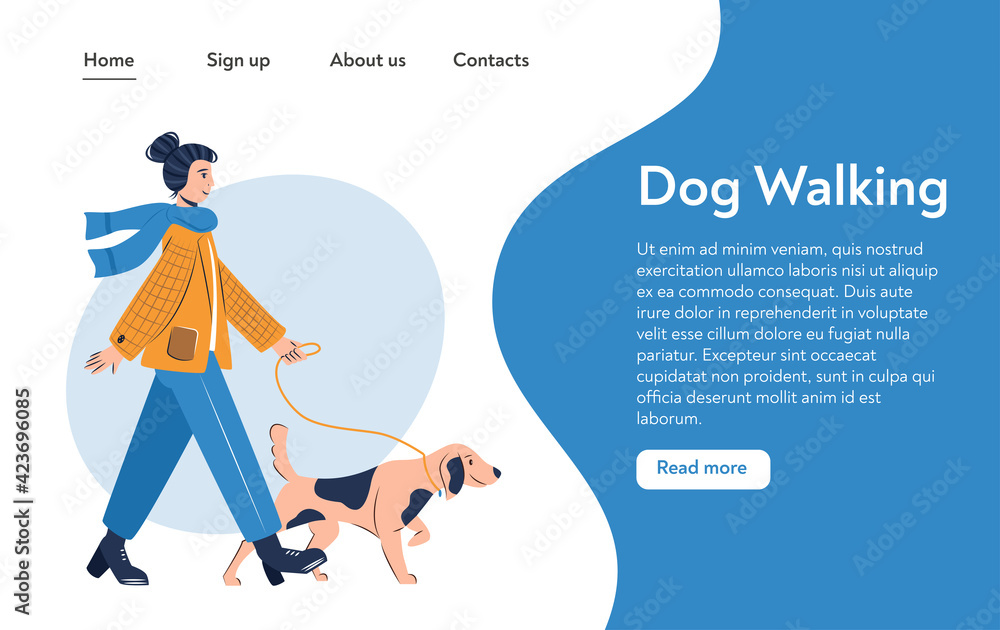 Woman walking with dog vector flat cartoon illustration. Female character spending time with domestic animal.
