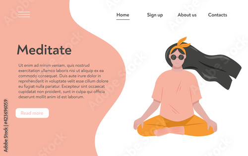 Woman meditating vector flat cartoon landing page template. Healthy, active, and calm lifestyle, relaxing.