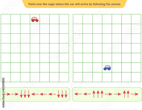  Logic game for children. Follow the path of the car along the arrows.