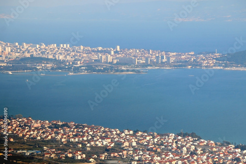 Aerial view of Split and Kastela  towns in southern Croatia.