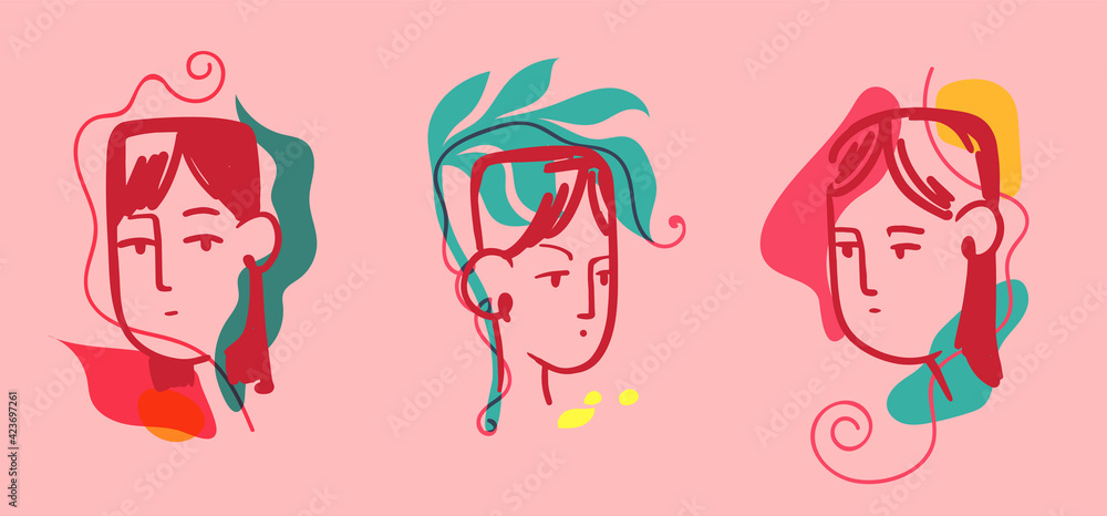 woman portraits with Abstract lines and different wavy shapes. Collection of modern trendy illustrations of a woman's face. The vector illustration isolated on pink background. woman portraits with Abstract lines and different wavy shapes. Collection of modern trendy illustrations of a woman's face. The vector illustration isolated on pink background.