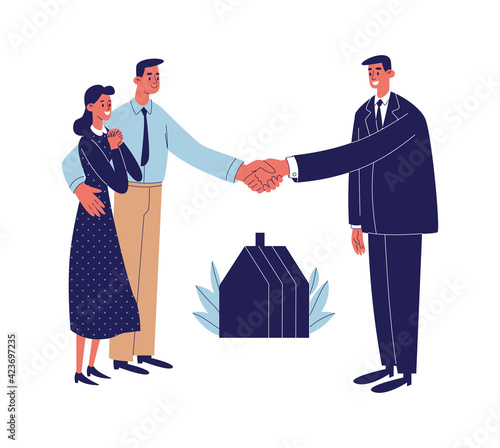 The realtor shakes hands with a young couple. A young family buys and rents apartments. Rent, sale of housing. Vector illustration of cartoon people and houses isolated on white background.