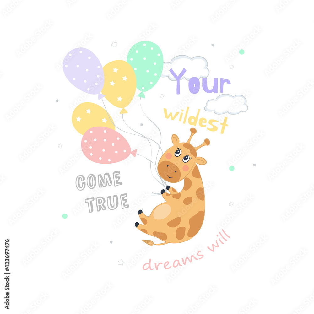 Vector illustration of a cute giraffe hanging on balls. Children's print on clothes, greeting card, party invitation. Vector illustration of a cute giraffe hanging on balls. Children's print on clothes, greeting card, party invitation.