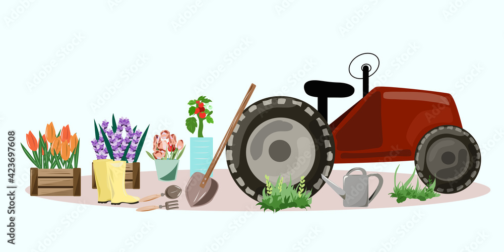 Tractor and flowers for planting in the garden
