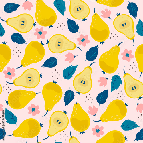 Seamless pattern with pears, flowers and leaves. Vector graphics.