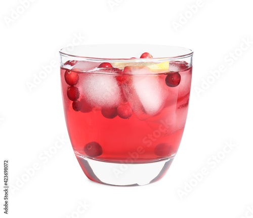 Tasty refreshing cranberry cocktail with lemon isolated on white