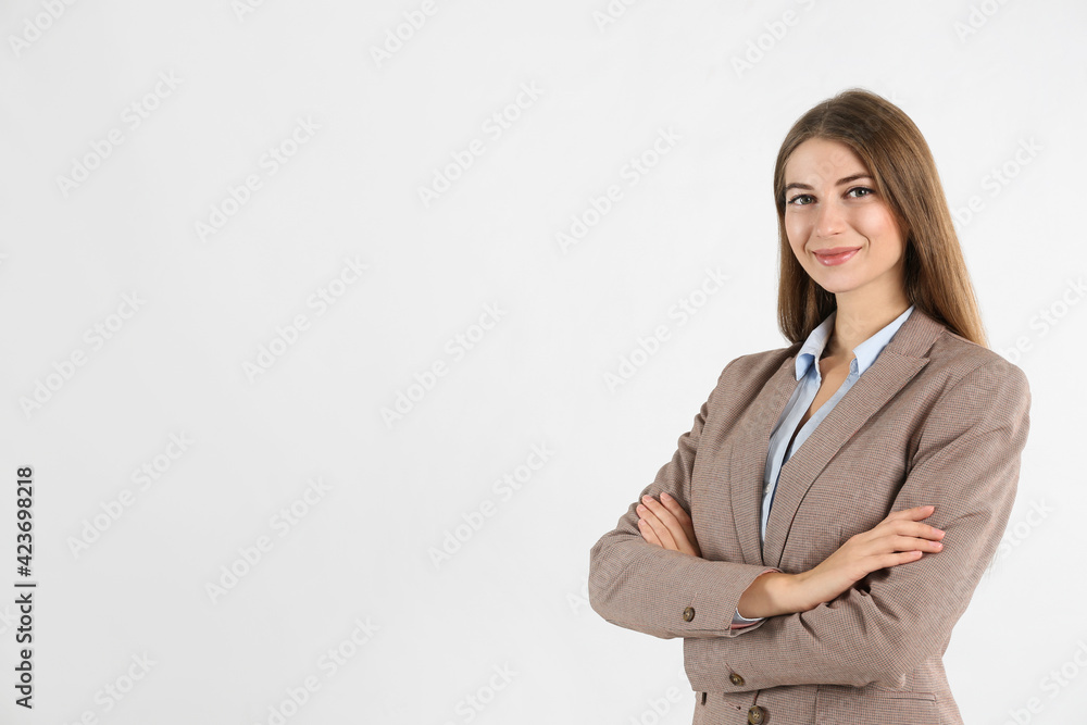 Portrait of beautiful young businesswoman on white background. Space for text Portrait of beautiful young businesswoman on white background. Space for text