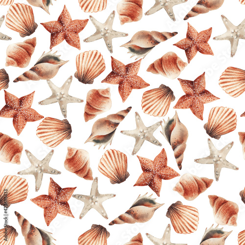 Oceanic seamless pattern with shells on summer background. Template design for textiles, interior, clothes, wallpaper. Watercolot illustration.