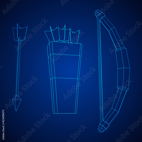 Medieval Bow and arrow archer weapon. Wireframe low poly mesh