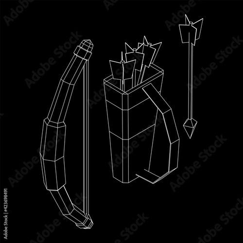 Medieval Bow and arrow archer weapon. Wireframe low poly mesh