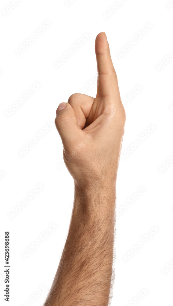 Man pointing at something on white background, closeup. Finger gesture Man pointing at something on white background, closeup. Finger gesture