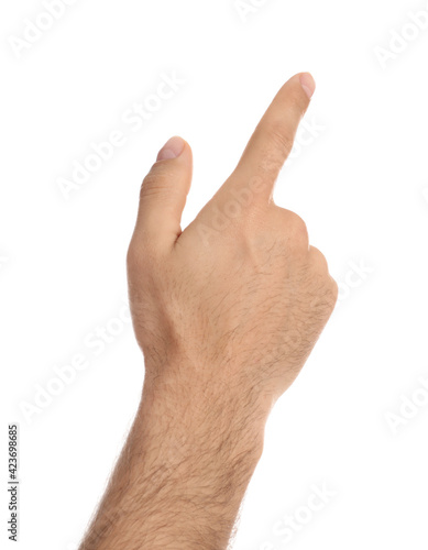 Man pointing at something on white background, closeup. Finger gesture