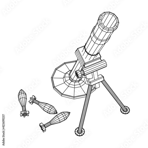 Firearm weapon army mortar and mine. Wireframe low poly
