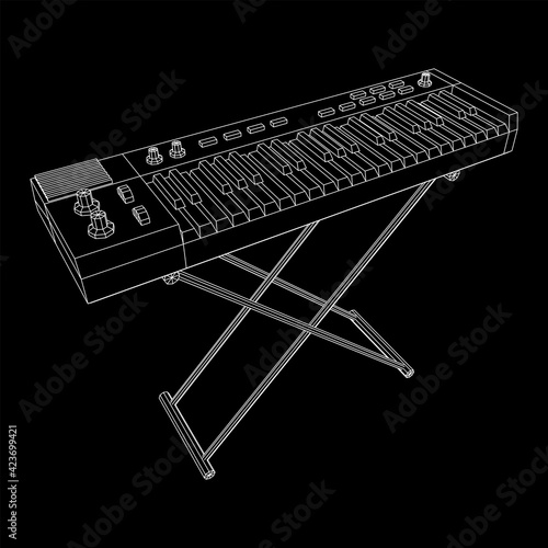 Piano roll analog synthesizer faders buttons knobs. Wireframe low poly mesh