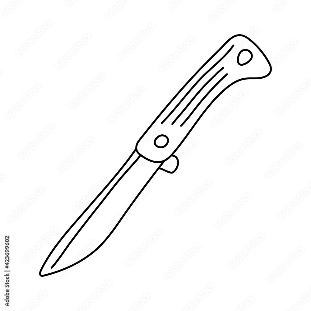 Obraz premium Folding knife. Hand drawn vector illustration in doodle style on white background. Isolated black outline. Camping and tourism equipment.