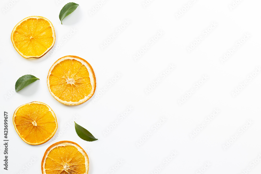 Slice orange fruit isolated on white background. flat lay, top view, copy space Slice orange fruit isolated on white background. flat lay, top view, copy space
