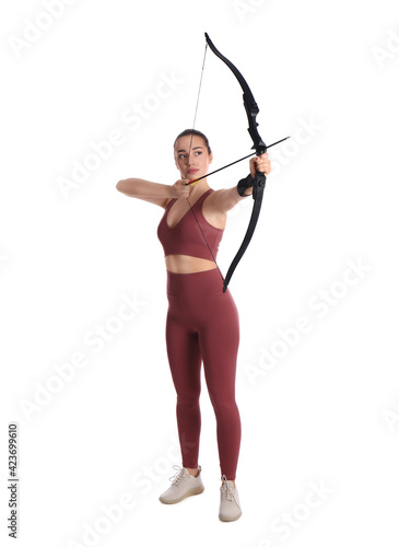 Foto Woman with bow and arrow practicing archery on white background