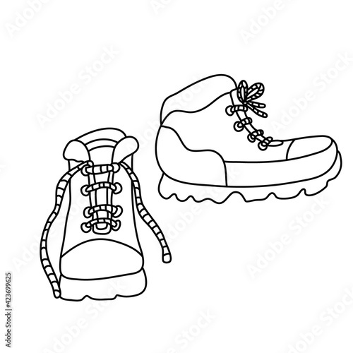 Hand drawn vector illustration of hiking boots in doodle style on white background. Isolated black outline. Camping and tourism footwear.