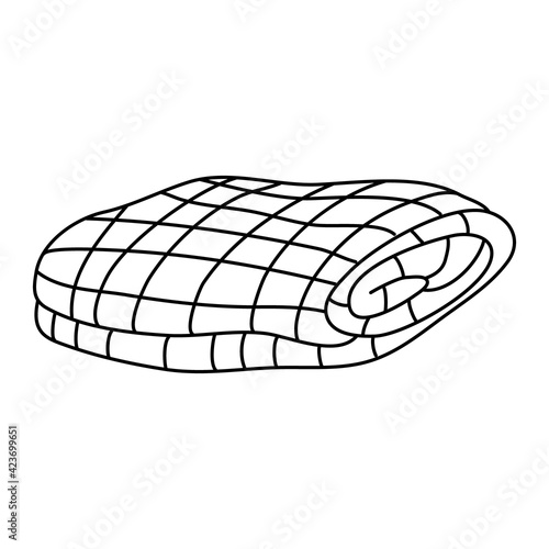 Hand drawn vector illustration of a checkered plaid in doodle style on white background. Isolated black outline. Camping and domestic life.