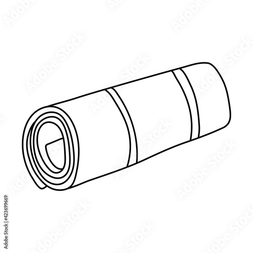 Hand drawn vector illustration of a rolled up mat  in doodle style on white background. Isolated black outline.  Camping and tourism equipment.