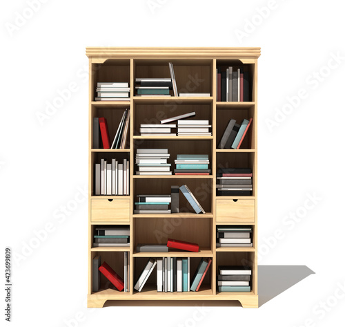 Bookshelf with a book isolated on white background. 3d illustration