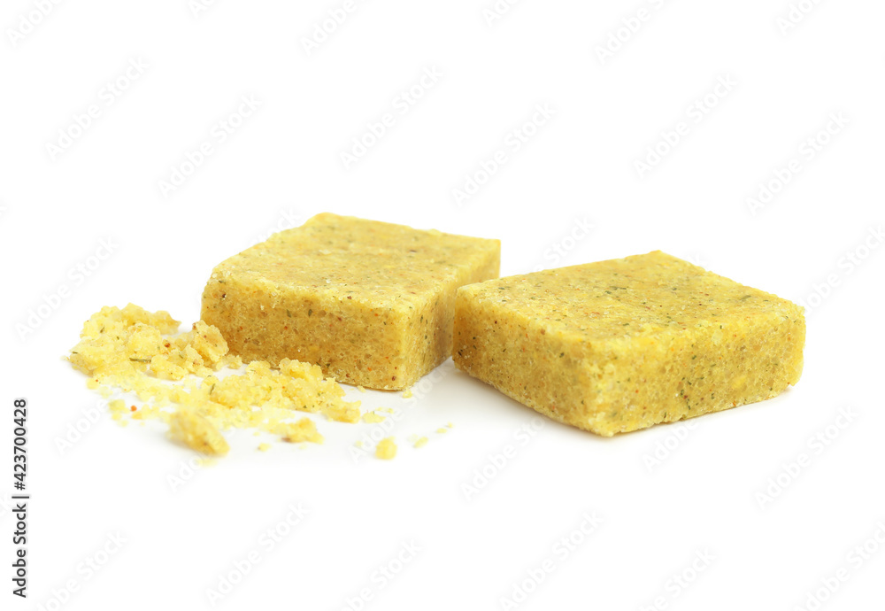 Bouillon cubes on white background. Broth concentrate