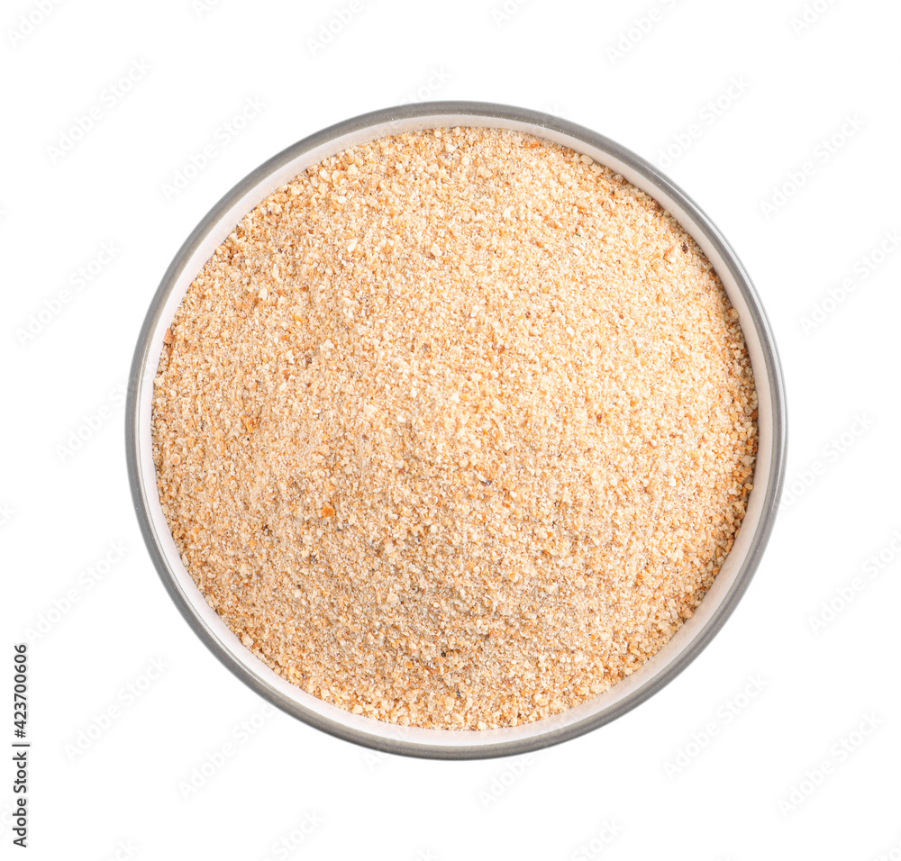 Fresh bread crumbs in bowl isolated on white, top view Fresh bread crumbs in bowl isolated on white, top view
