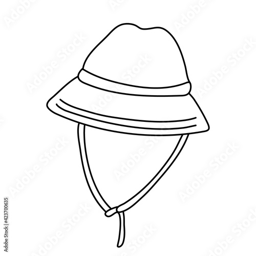 Hand drawn vector illustration of a summer  tourist sun hat in doodle style on white background. Isolated black outline. Camping and hiking equipment.