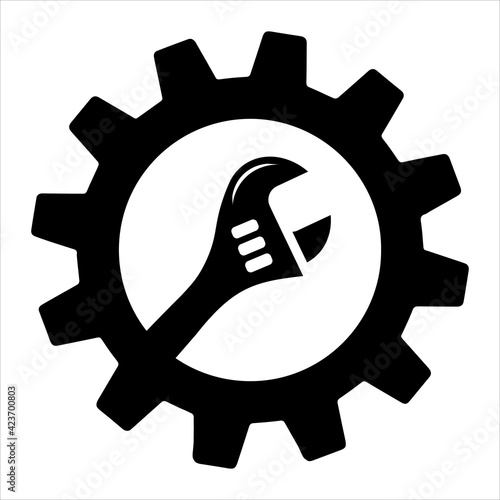Simple spanner on gear isolated on white background. Icon for apps and websites