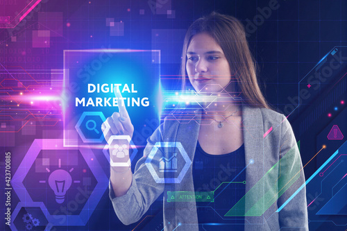 Business, Technology, Internet and network concept. Young businessman working on a virtual screen of the future and sees the inscription: Digital marketing