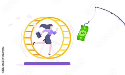 Rat race business concept with businesswoman running after rod dangling dollar in the hamster wheel working hard, always busy flat style design vector illustration. Tired workaholic loop routine.