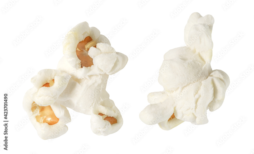 Obraz premium Popcorn, two open corn, isolated on white background with clipping path, element of packaging design.
